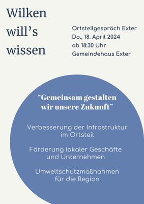 "Wilken will's wissen" - Vlothos Brgermeister startet die Ortsteilgesprche 2024 - Erster Termin: Donnerstag, 18. April 2024 ab 18.30 Uhr in Exter (Gemeindehaus)